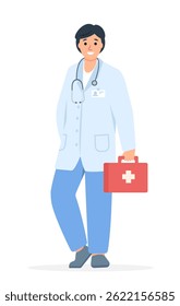 Male Doctor character with emergency medical kit. Hospital or clinic worker wearing uniform. Medical consultation, research, support or insurance concept. Vector illustration on white background.