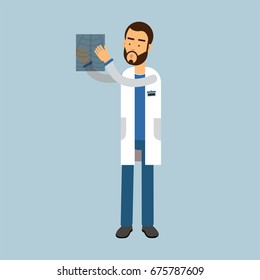 Male doctor character doctor looking at xray, medical care vector Illustration