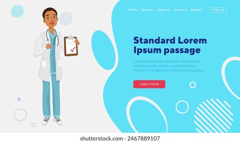 Male doctor character with medical record and thumb up. Man in medical uniform and white coat with stethoscope. Hospital, medicine, healthcare concept for website design, banner, landing page