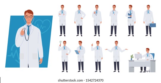 Male doctor character set. Different poses and emotions. Vector illustration in a flat style