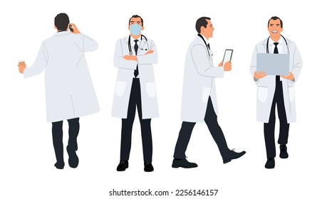 Male doctor character set with different poses, views full length. Confident healthcare professional wearing lab coat, mask, stethoscope, holding tablet, laptop, phone. Vector illustration isolated.