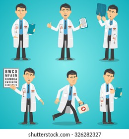 Male doctor character set with test results x-ray and first aid kit isolated vector illustration