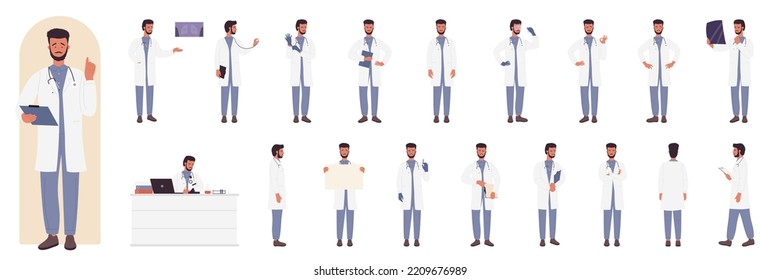 Male doctor character in side, front and back view set vector illustration. Cartoon young man wearing medic uniform, happy medical worker standing with stethoscope, syringe isolated on white