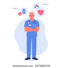 Male doctor character. Therapist, paramedic or male nurse, medical clinic professional worker flat vector illustration. Healthcare and medicine concept