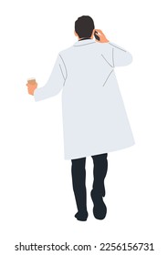 Carácter médico masculino retrocediendo. Un profesional de la salud seguro usando una bata de laboratorio, hablando por teléfono con el paciente y sosteniendo una taza de café. Ilustración vectorial aislada en fondo blanco.