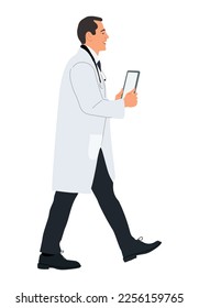 Male doctor character walking side view. Confident smiling healthcare professional wearing lab coat, holding digital tablet. Vector realistic illustration isolated on white background.