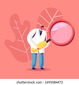 Male Doctor Character in White Medical Robe Looking in Huge Magnifying Glass. Clinic Medicine Profession, Hospital Healthcare Staff at Work, Practitioner Research Disease. Cartoon Vector Illustration