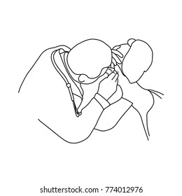 male doctor check up an ear of female patient vector illustration outline sketch hand drawn with black lines isolated on white background. Comprehensive physical examination. asmr. Medical concept.