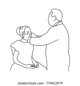 male doctor check up eye rim of female patient vector illustration outline sketch hand drawn with black lines isolated on white background. Comprehensive physical examination. asmr. Medical concept.