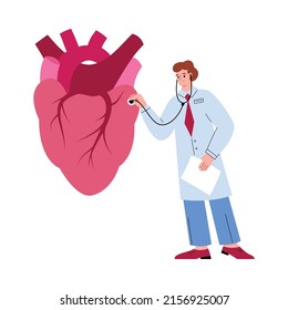 Männlicher Arzt überprüft die Herzfrequenz mit Stethoskop, flache Vektorgrafik einzeln auf weißem Hintergrund. Kardiologe untersucht abstraktes menschliches Herz.