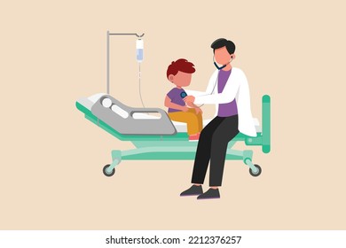 Male doctor checking little boy health using a stethoscope on hospital bed. Doctor and patient concept. Vector illustration. 