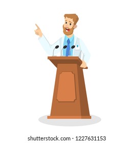 Male doctor from clinic giving a speech through the micrphone from the tribune. Medical conference and orator in white uniform. Isolated flat vector illustration