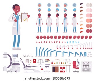 Male doctor in clinic uniform character creation set. Full length, different views, emotions, gestures. Medicine, healthcare concept. Build your own design. Vector illustration