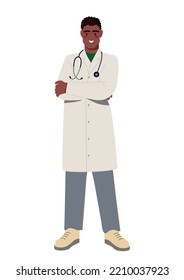 Male doctor concept. Young guy standing in white medical coat with stethoscope on shoulder. Therapist and specialist, professional. Medical poster or banner. Cartoon flat vector illustration