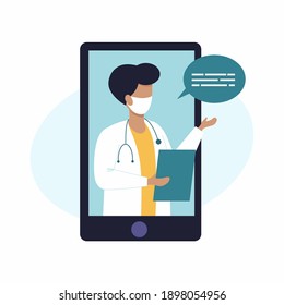 A male doctor conducts a consultation via video link. Remote medical care. Family doctor in your smartphone. Vector illustration for the application on the mobile phone.