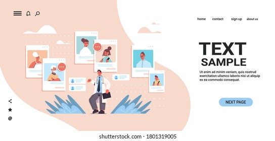 male doctor consulting family patients in web browser windows online medical consultation healthcare medicine concept horizontal copy space vector illustration