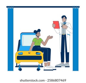 Male doctor consulting female patient on hospital bed 2D cartoon characters. Medical checkup. Physician holding clipboard isolated people flat vector on white background. Spot illustration colorful