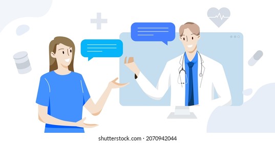 Male doctor consulting female patients online via computer. Healthcare and medical concept. Hand draw style. Vector illustration.