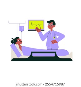 Male Doctor Discussing Heartbeat Monitor With Female Patient In Flat Vector Illustration Symbolizing Healthcare, Diagnosis, And Medical Treatment, Isolated On White Background.