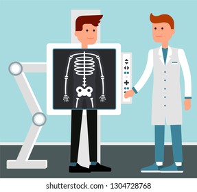 Male doctor do medical examination and consulting patient during chest x ray procedure. Man doctor examining body by x-ray machine scanning. Vector flat style cartoon illustration