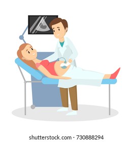 Male doctor doing ultrasound for pregnant woman on white background.