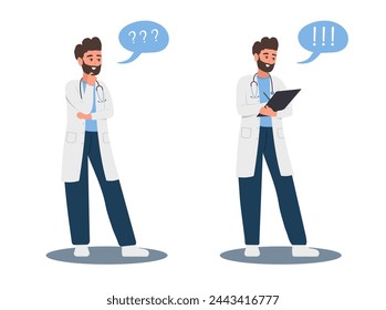 Male doctor in doubt. Thinking man in uniform with question mark. Searching of idea and solution to problem. Vector illustration in flat cartoon style.