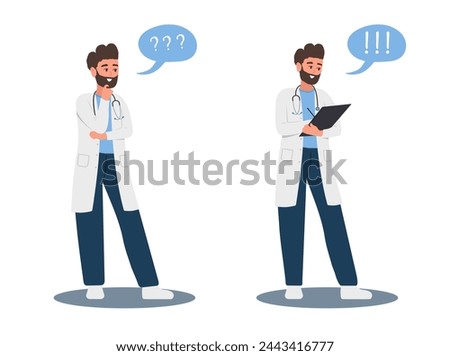 Male doctor in doubt. Thinking man in uniform with question mark. Searching of idea and solution to problem. Vector illustration in flat cartoon style.