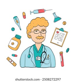 male doctor drawing, doctor with  stethoscope surrounded with medical doodles on white background. Good for banners, posters, prints, social media, etc. EPS 10