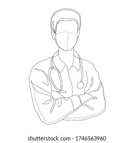 A male doctor is drawn in one line on a white background. Doctor consultation during a pandemic