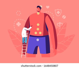 Male Doctor Endocrinologist in Medical Robe Stand on Ladder Examine Patient with Hormone Disbalance Disease, Analysing Endocrine Health, Lymph Nodes and Thyroid Gland. Cartoon Flat Vector Illustration