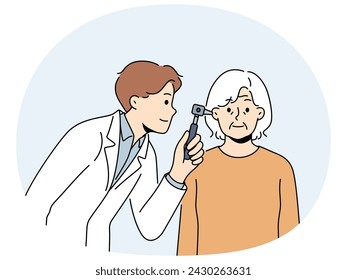 Male doctor examine elderly female patient ear. Man GP or otolaryngologist do checkup or exam of old grandmother in clinic. Vector illustration.