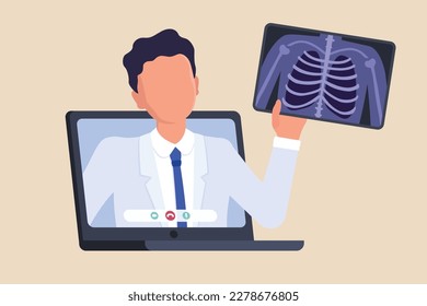 Médico masculino examina una radiografía de los pulmones de un paciente durante una consulta en línea por ordenador portátil. Pulmonólogo consulta en línea por videollamada. Resonancia magnética o diagnóstico de radiología costillas y hueso. Concepto de E-Health