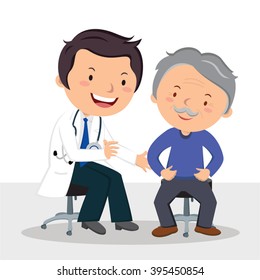 Male doctor examining patient. Vector illustration of a friendly male doctor examining senior man.