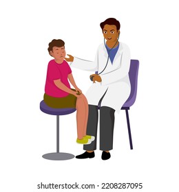 Male Doctor Examining A Sick Boy Sitting On Stool Against White Background.