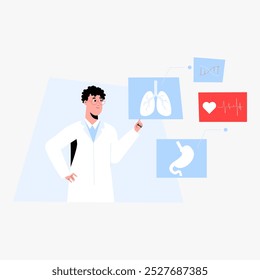 Médico masculino explicando órgãos humanos em vetor plano ilustração simbolizando educação em saúde, perícia médica e conhecimento de anatomia, isolado no fundo branco.