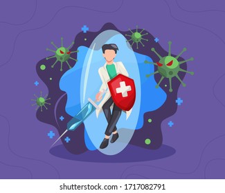 Male doctor fighting the virus illustrated. Doctor with a shield and syringe, Fight and protecting from Covid-19 virus attacks. Fighting COVID-19 concept, Fights against Coronavirus. Vector flat style