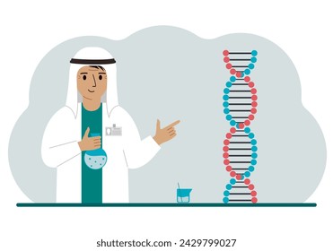 Male doctor with flasks near the dna chain. The concept of a new coronavirus, virus, pcr or disease treatment.