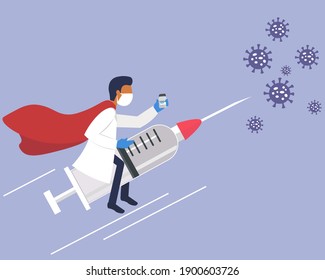 a male doctor flies on a syringe with a vaccine against the virus, like on a rocket. The concept of combating the pandemic. Vector graphics.