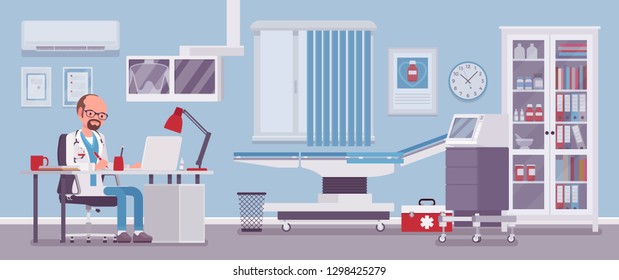 Male doctor in general practitioner office interior. Hospital examination room with medical facility, clinic practice to receive and treat patients. Medicine, healthcare concept. Vector illustration