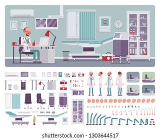 Médico masculino en el kit de creación de interiores de oficina de medicina general, conjunto de espacio de trabajo, muebles, construir su propio diseño con elementos constructores de color de pared y suelo. Dibujo gráfico de caricatura de estilo plano