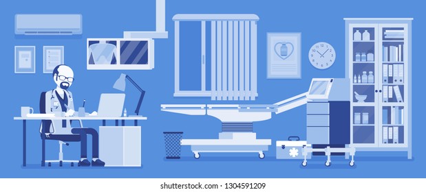 Male doctor in general practitioner office interior. Hospital examination room with medical facility, clinic practice to receive and treat patients. Vector illustration, faceless characters