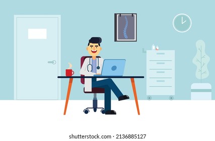 Male doctor in general practitioner office interior. Hospital examination room with medical facility. Doctor sitting with laptop giving advices.