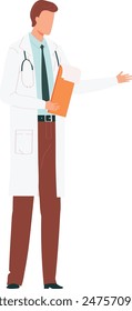 Male doctor gesturing explanation holding clipboard. Caucasian medical professional lab coat, tie explaining. Medical consultation physician giving advice isolated white background