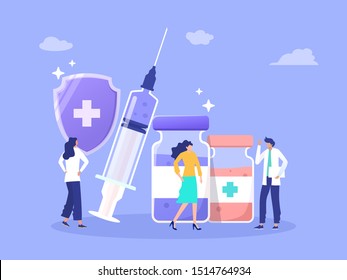 male doctor give health informatioin injecting patient with syringe and vial vector illustration vaccination concept, can use for, landing page, template, ui, web, homepage, poster, banner, flyer