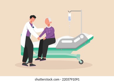 Male doctor gives encouragement to the grandfather in the room. Hospital concept. Colored flat graphic vector illustration isolated.