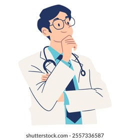 Male doctor with glasses in pensive pose, thinking, problem solving. Flat vector illustration, simple style, white background 