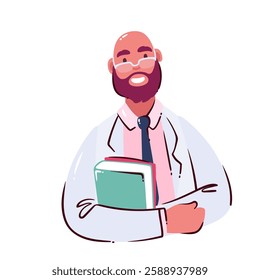 Male doctor with happy smile cartoon avatar. Funny bald man with beard and glasses, doctor in tie and white coat holding books and medical documents. Cartoon physician, pharmacist vector illustration