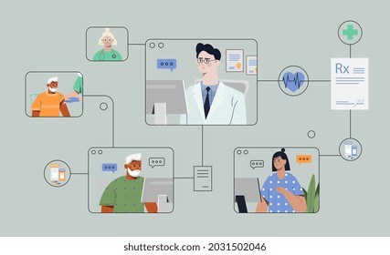 Male doctor is having patient visits via online meeting on grey background. Patients connecting online with their doctor for medical advice and prescriptions. Flat cartoon vector illustration