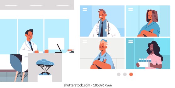 male doctor having video conference with mix race medical professionals in web browser windows medicine healthcare online communication concept horizontal vector illustration