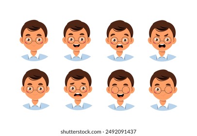 Male doctor heads set. Healthcare worker with different emotions. Pack of characters with various feelings. Design elements for creating animations. Flat vector collection isolated on white background